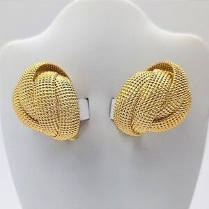 VTG Norma Jean Gold Tone‎ Earrings 3D Knot Caviar Textured Clip-on Chunky 80s